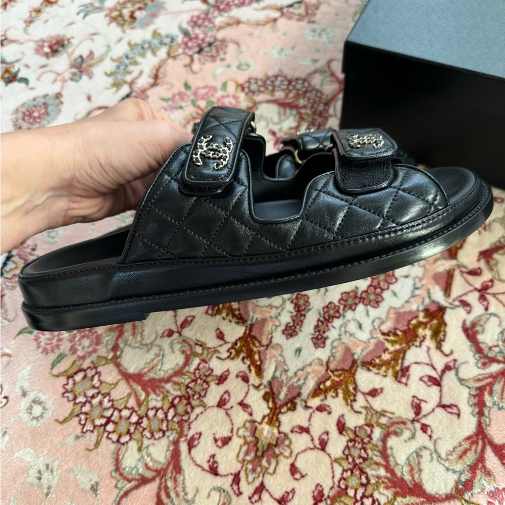 CHANEL Black Sandals with Silver Logo - Picture 8 of 14